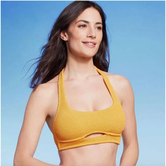 SHADE & SHORE BIKINI TOP PUCKER CUT OUT HALTER BRALETTE WOMEN'S LARGE ORANGE NWT - Picture 2 of 5